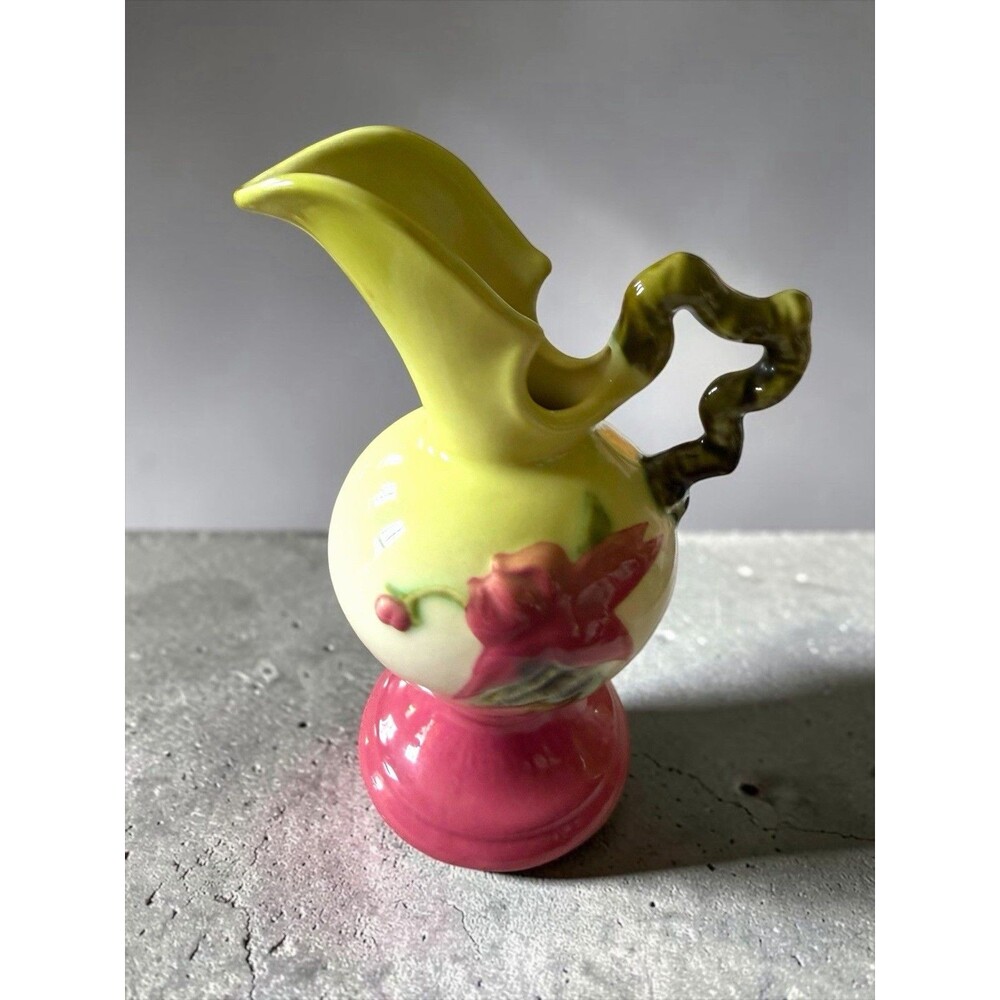 Vtg Hull USA Pottery Woodland Ewer Vase Pitcher Green Pink MCM Cottage 7.5”